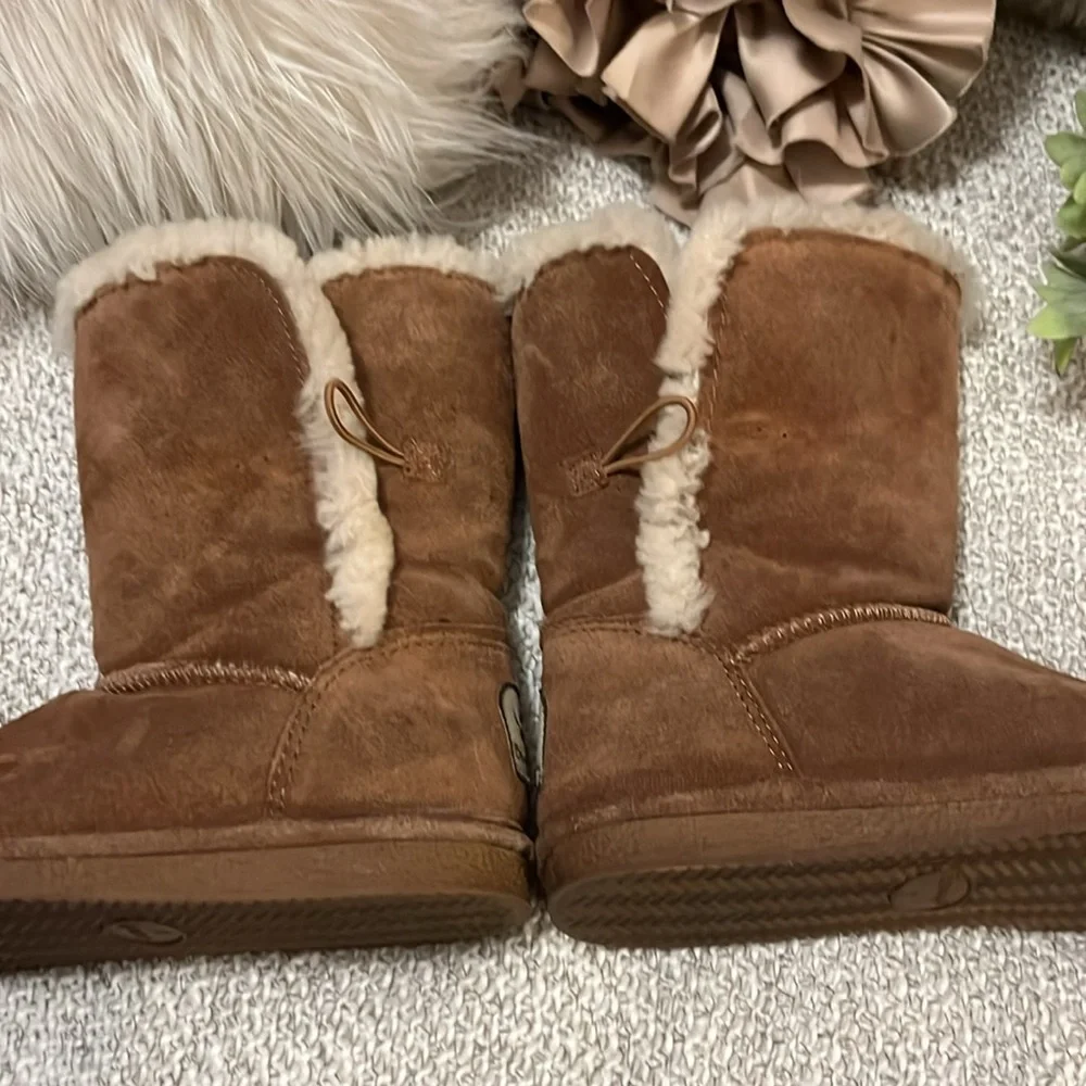 Bear Paw Women’s Suede Sheepskin/Wool Blend Abagail Cognac Winter Snow Shoes 7
